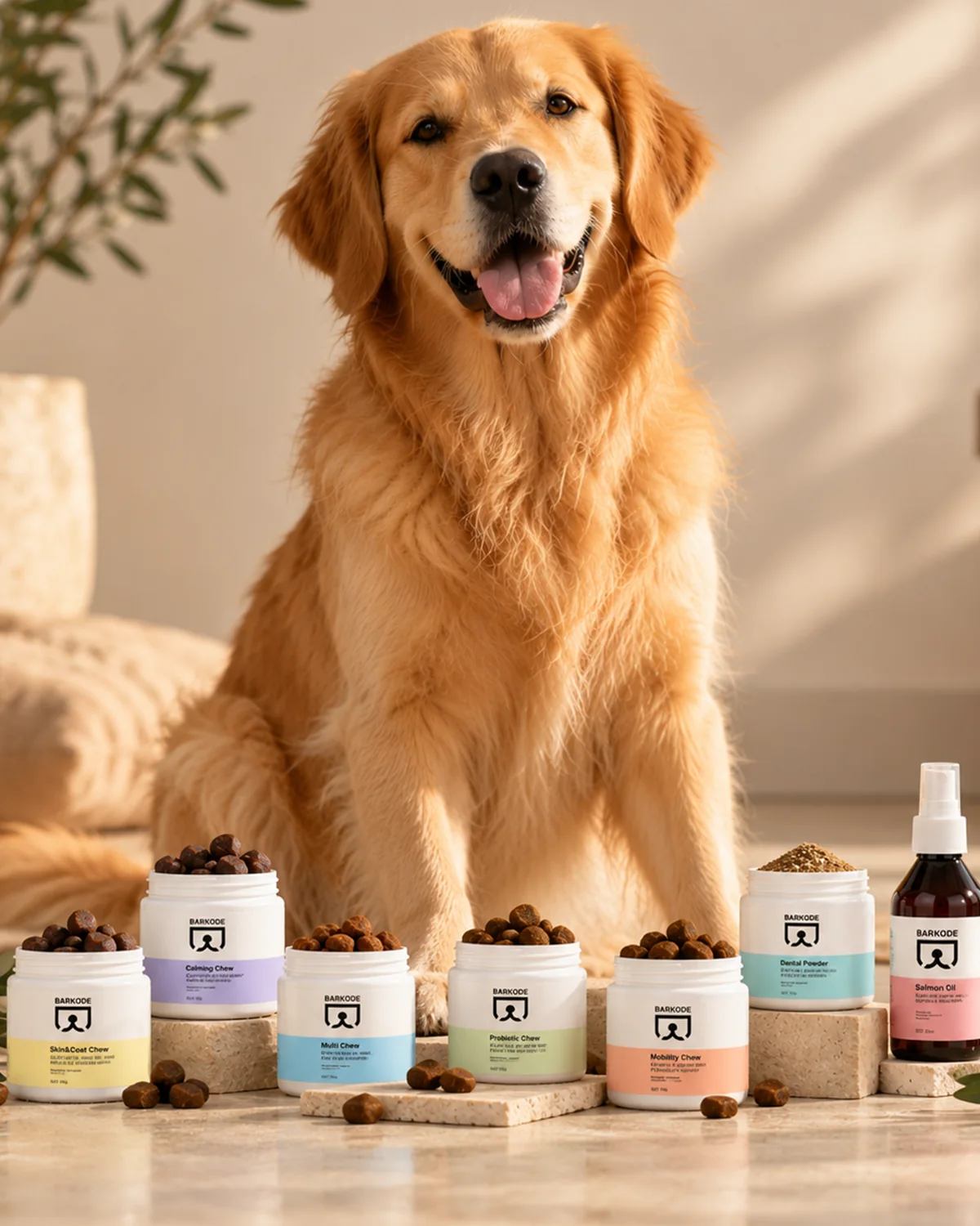Golden Retriever sitzt hinter dem gesamten Barkode Sortiment