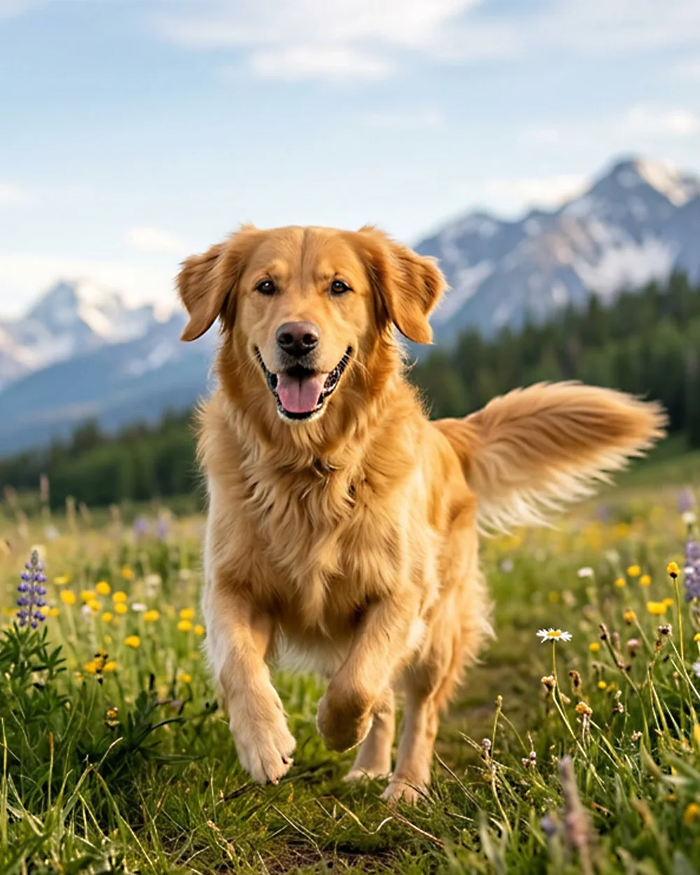 Golden Retriever läuft fröhlich über eine Bergwiese