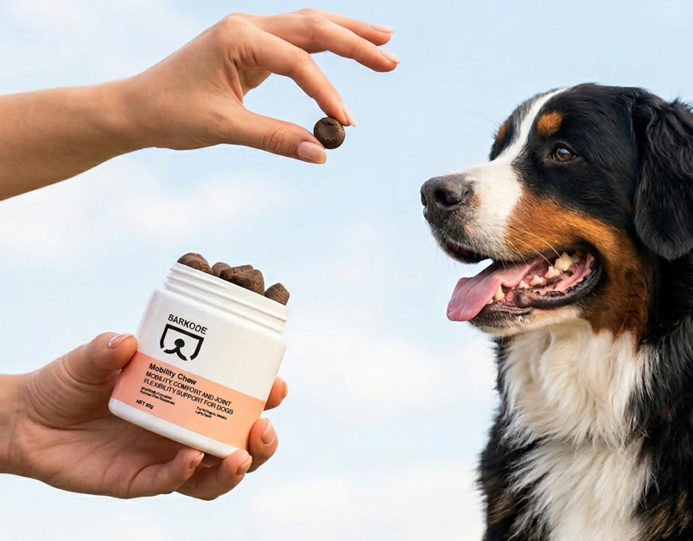 Ein Hund nimmt einen weichen BARKODE Mobility Snack aus der Hand